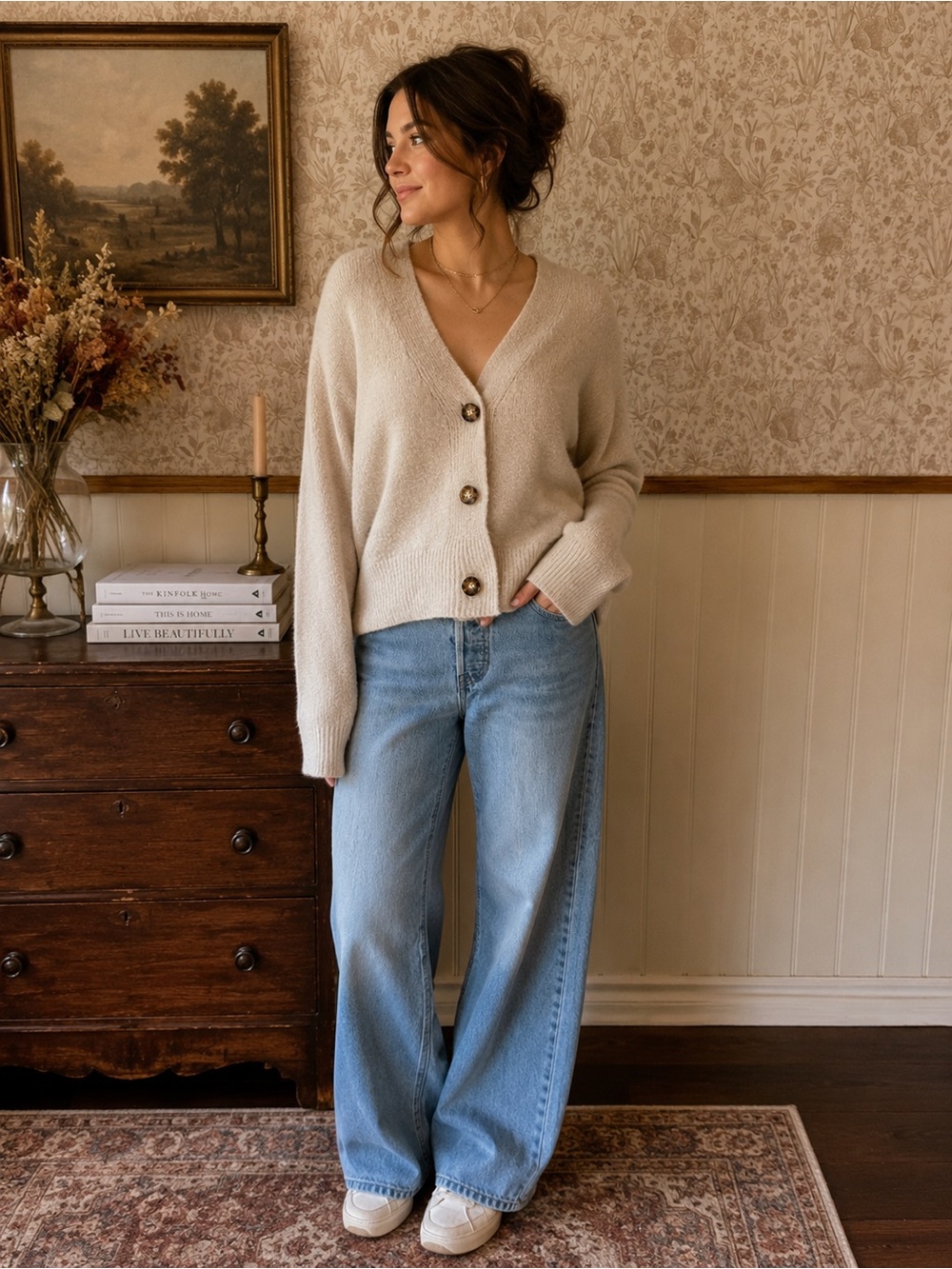 Urban Outfitters Cream V-Neck Button Cardigan